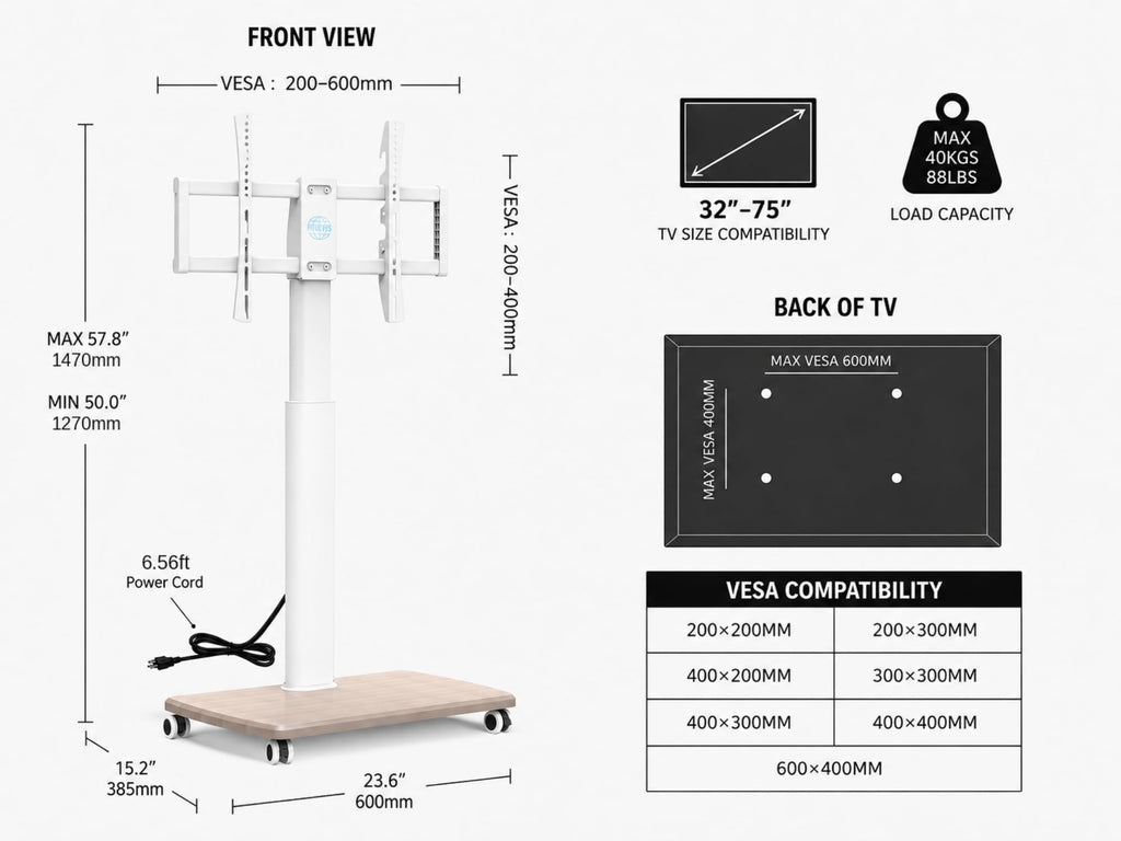 White Rolling TV Stand for 32-75 Inch TVs Q783