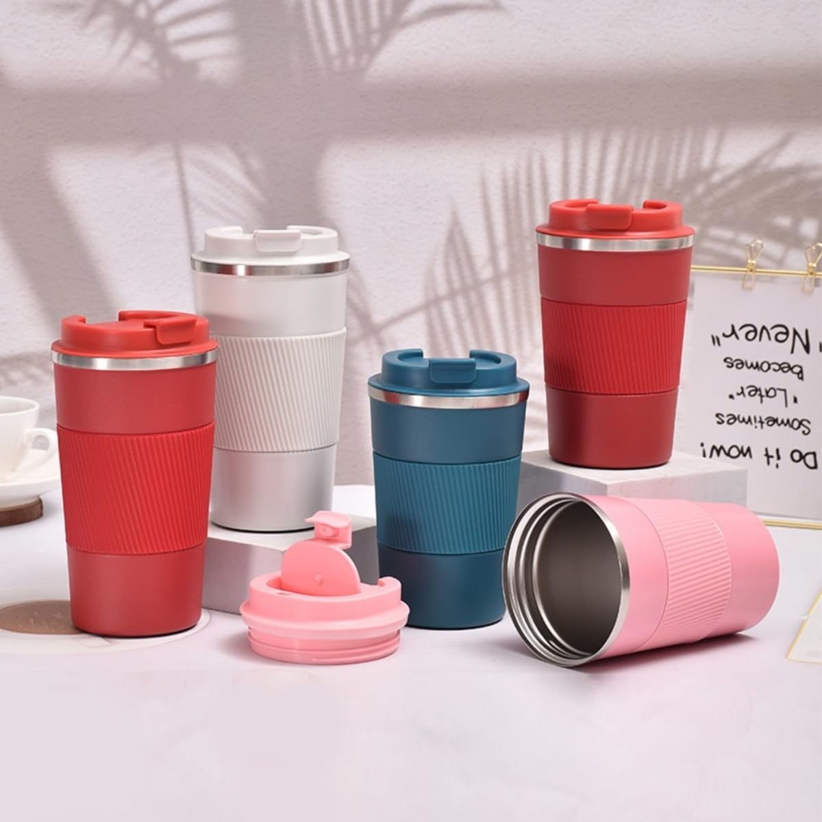 Stainless Steel Insulated Travel Coffee Mug Flip up Tumbler, Double wall Leak Proof Vacuum Cup Keep Drink Cold and Hot (Red, 17 Ounces) F643