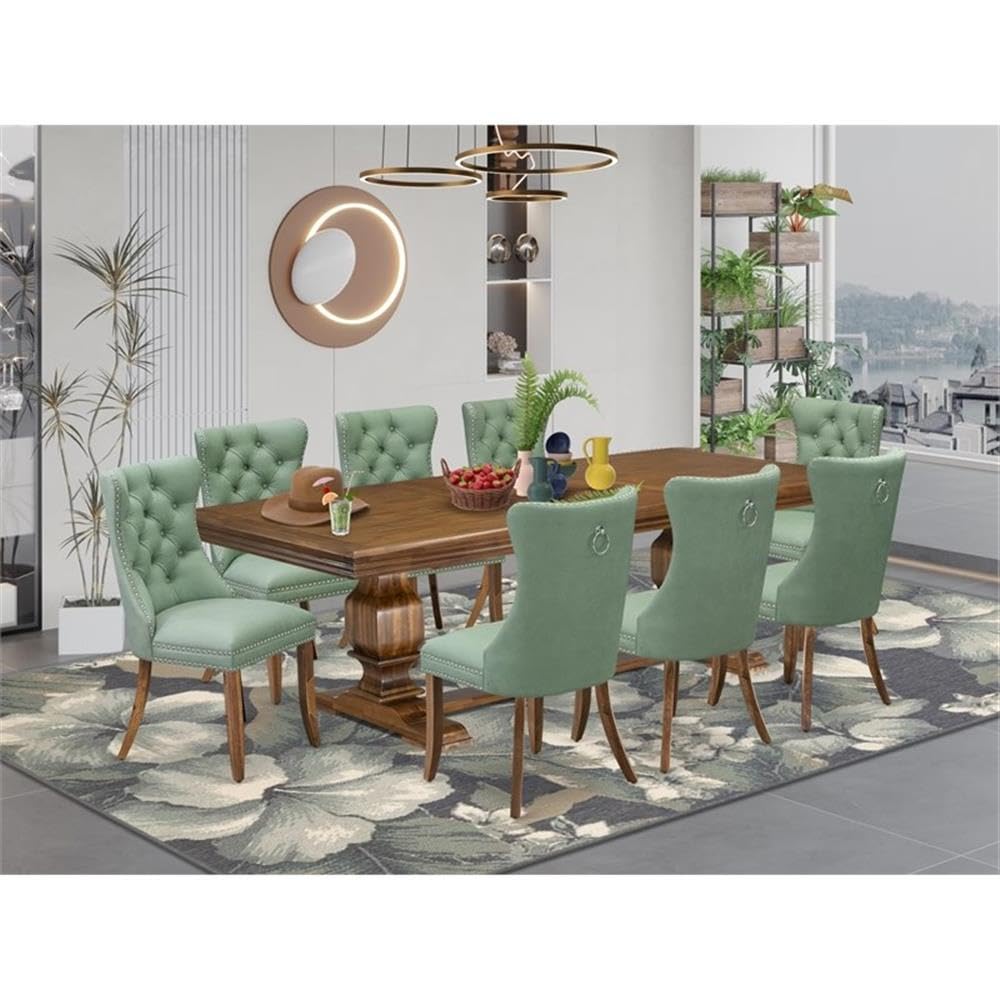 9-Piece Acacia Wood Dining Table Set with 8 Faux Leather Chairs D741568