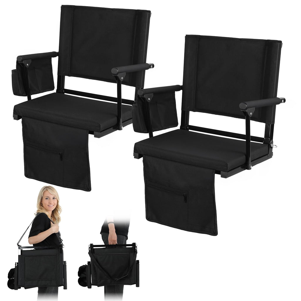 2 Pcs Folding Stadium Seat with Back Support & Cushion Black N964