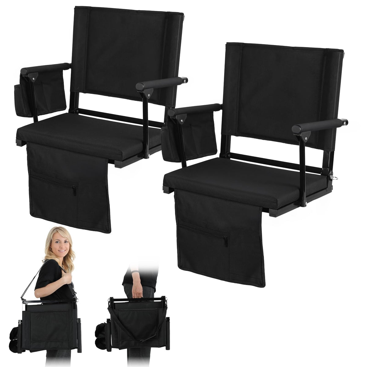 2 Pcs Folding Stadium Seat with Back Support & Cushion Black N964