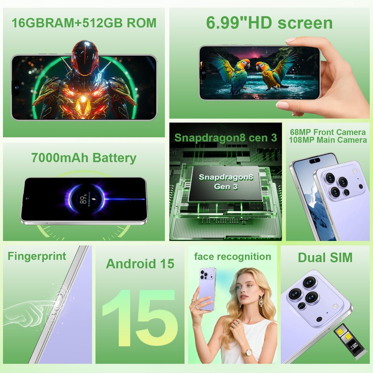Unlocked Cell Phone 16GB+512GB Smartphone 6.99" HD Screen Android 15 5G 7000mAh (Purple) I3316