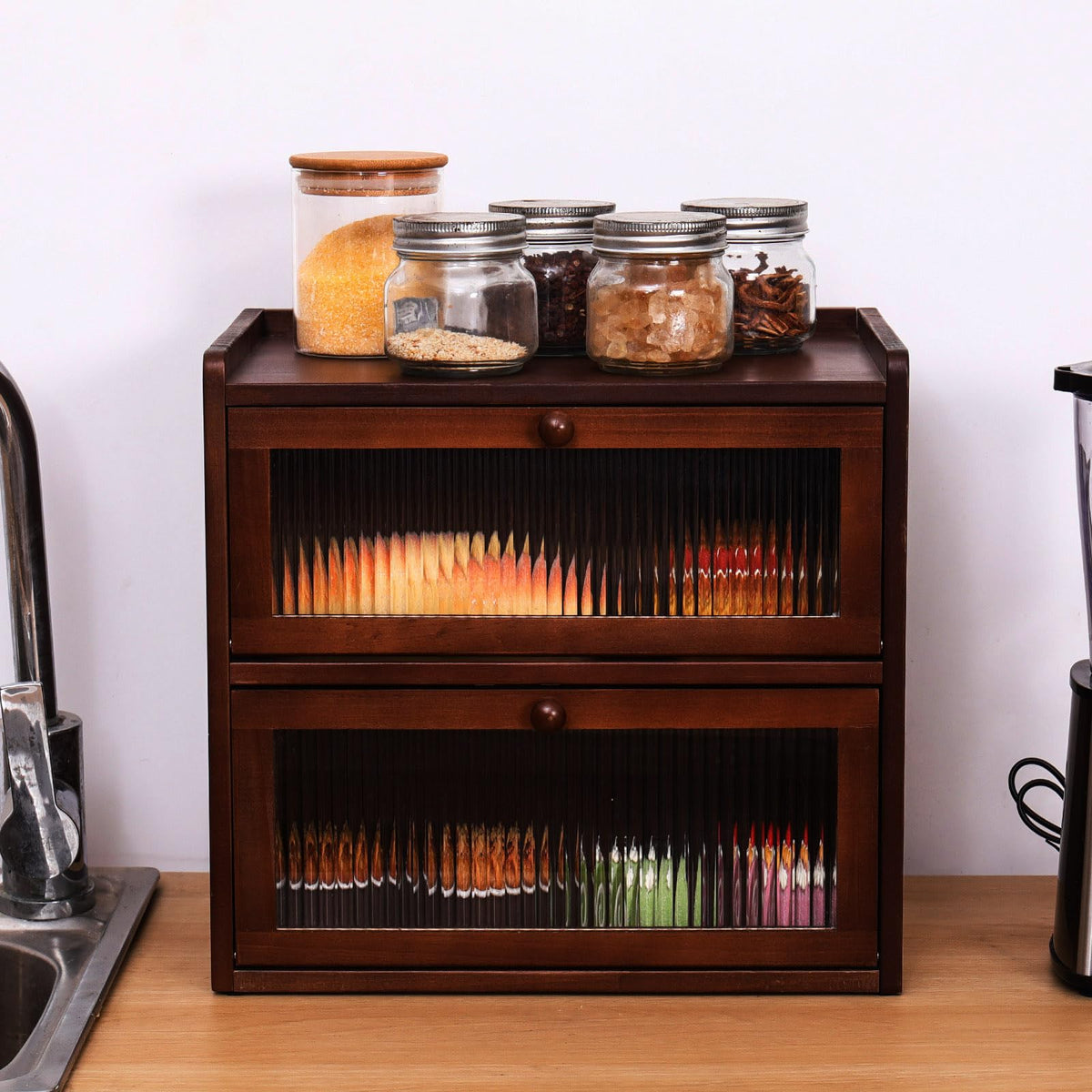Double 2 Layer Wooden Bread Box with Acrylic Window R510542