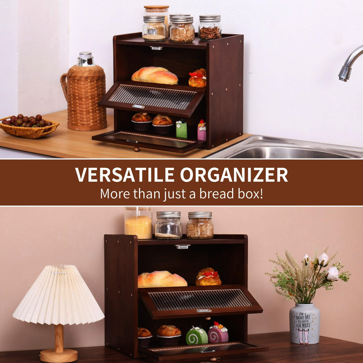 Double 2 Layer Wooden Bread Box with Acrylic Window R510542