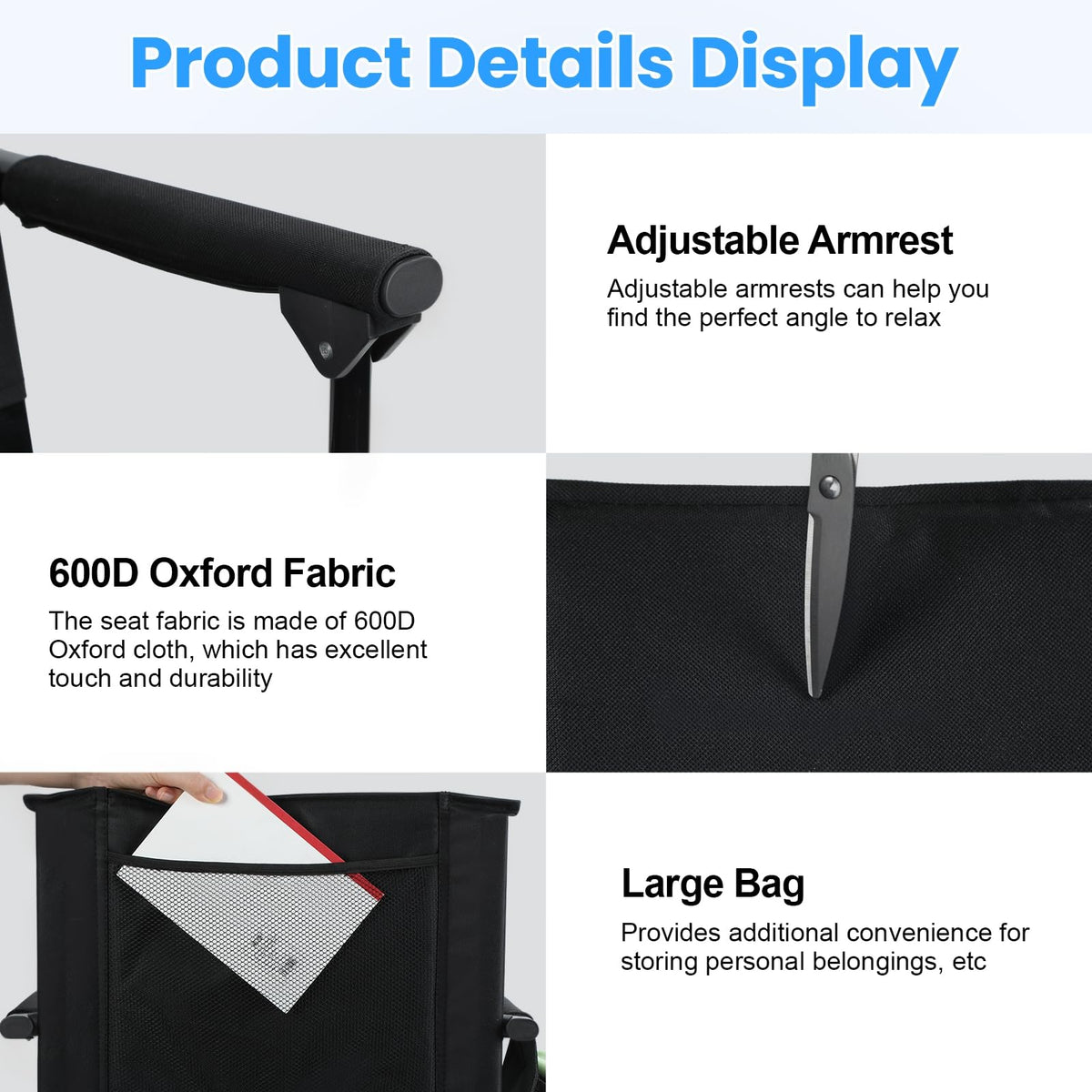 2 Pcs Folding Stadium Seat with Back Support & Cushion Black N964