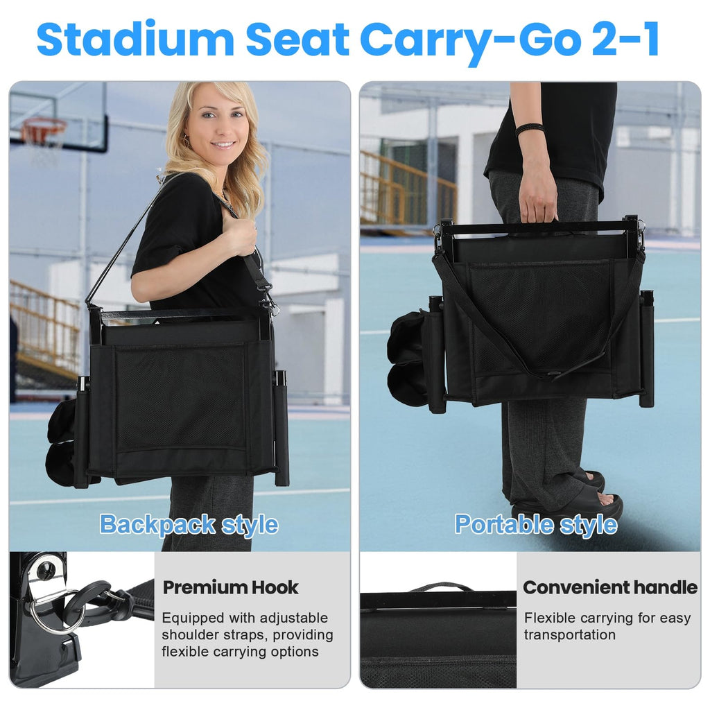 2 Pcs Folding Stadium Seat with Back Support & Cushion Black N964
