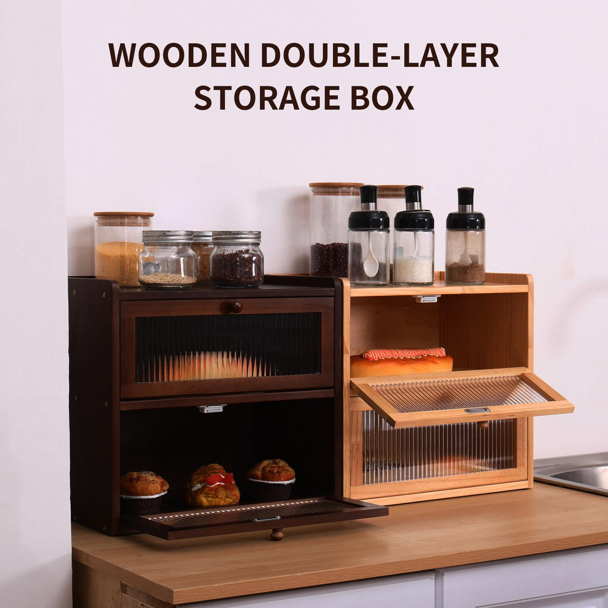 Double 2 Layer Wooden Bread Box with Acrylic Window R510542