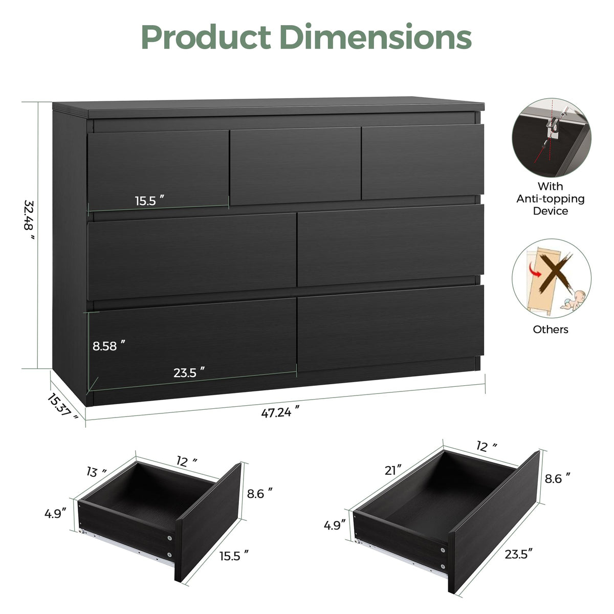 Black 7 Drawer Wood Dresser X2229