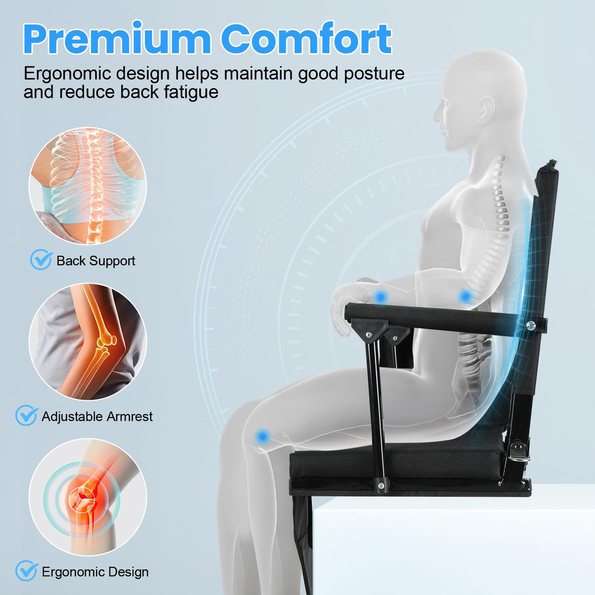 2 Pcs Folding Stadium Seat with Back Support & Cushion Black N964