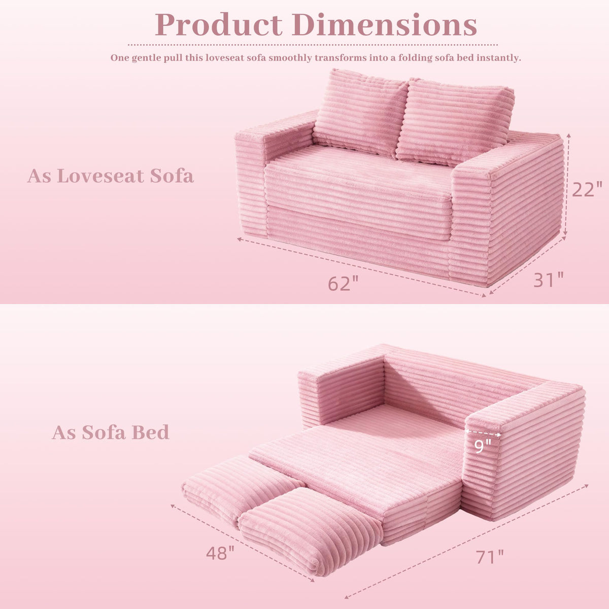 62" Pink Convertible Folding Sofa Bed X678763