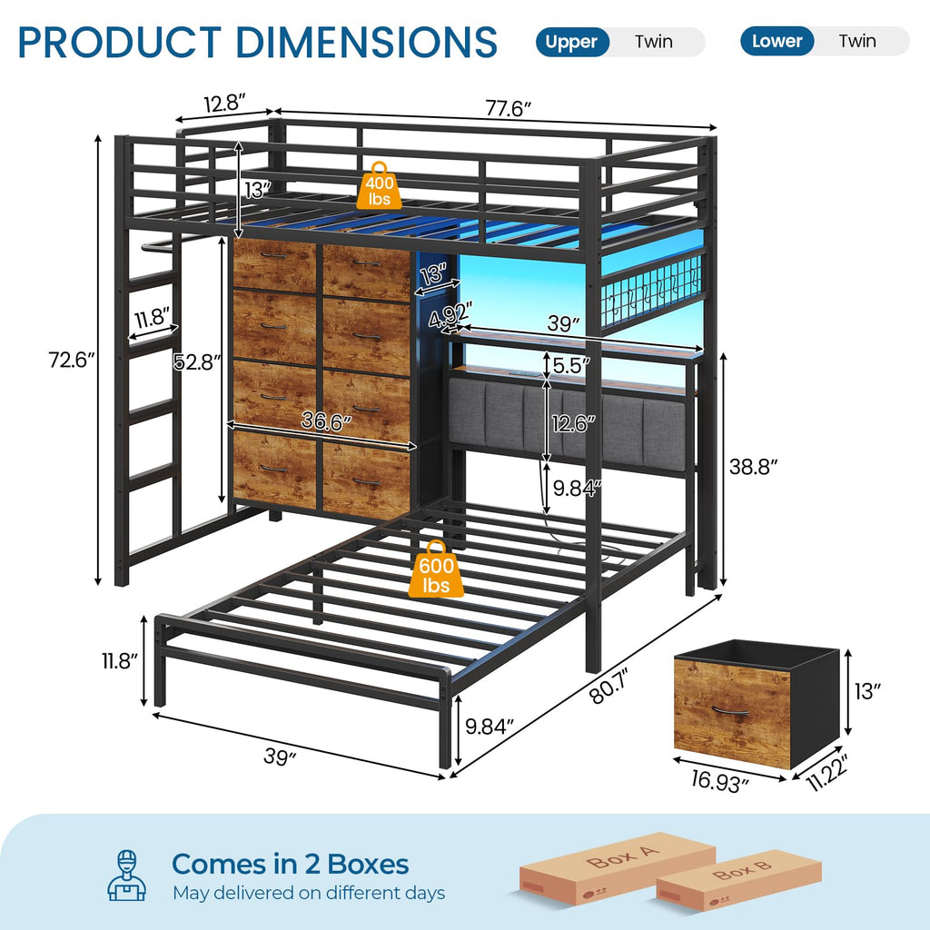 Twin Over Twin Bunk Bed with 8 Drawers and Storage Headboard Q44974