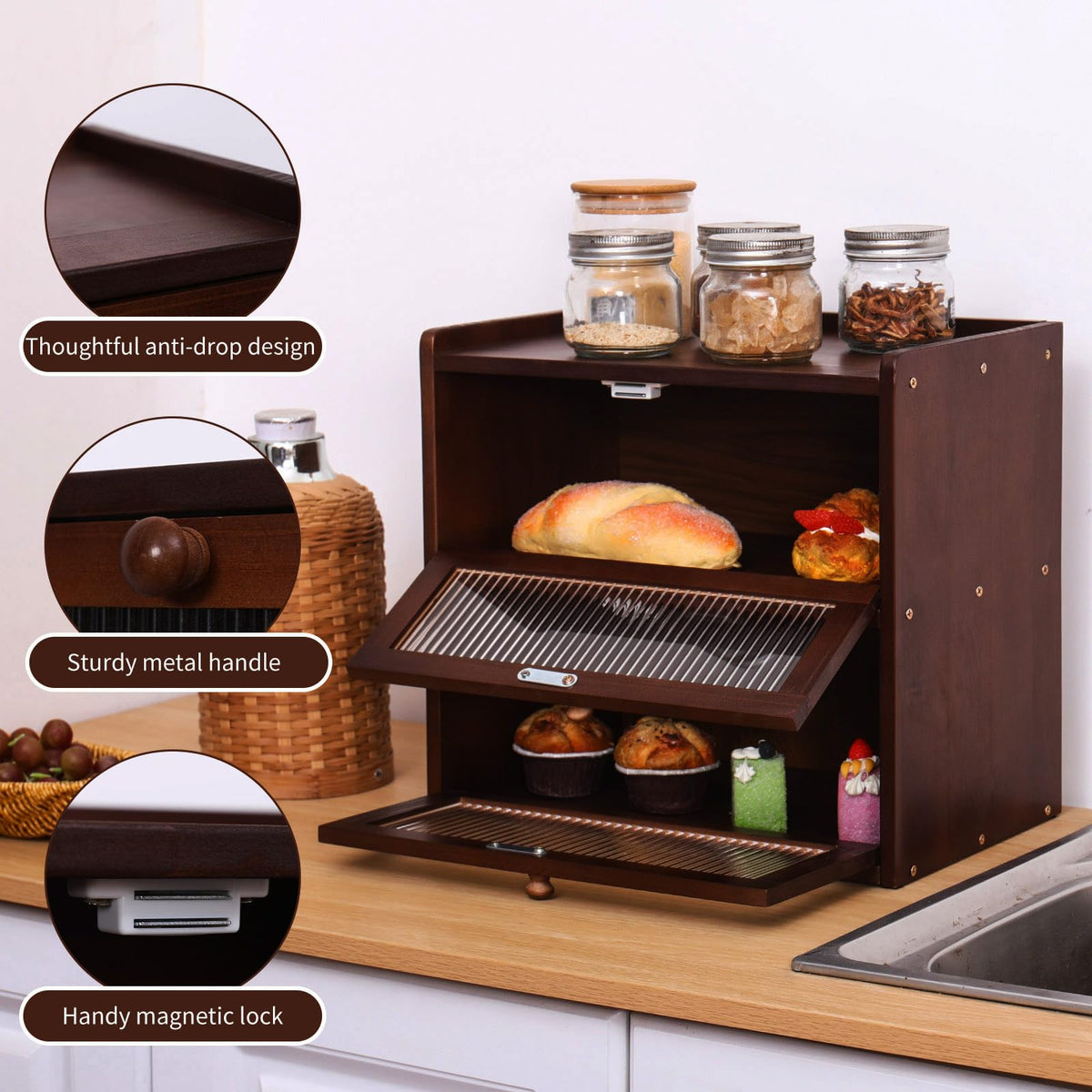 Double 2 Layer Wooden Bread Box with Acrylic Window R510542