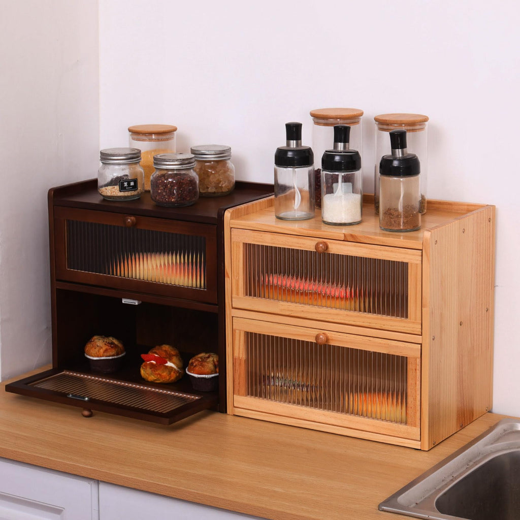 Double 2 Layer Wooden Bread Box with Acrylic Window R510542