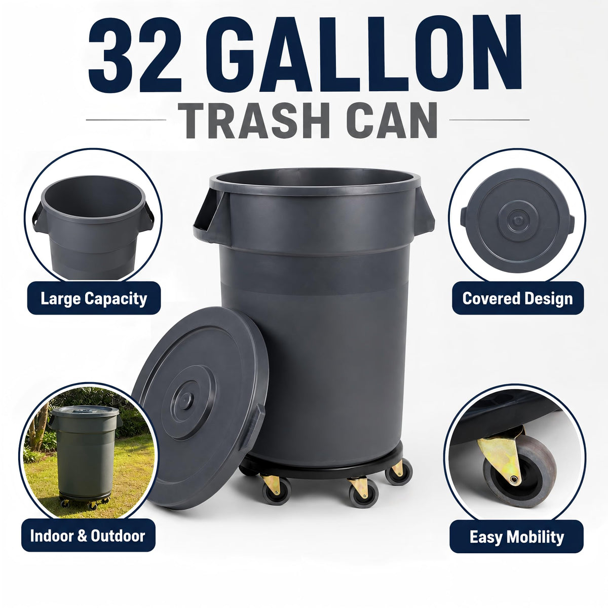 32 Gallon Trash Can with Wheels and Lid, 2 Pack S265680