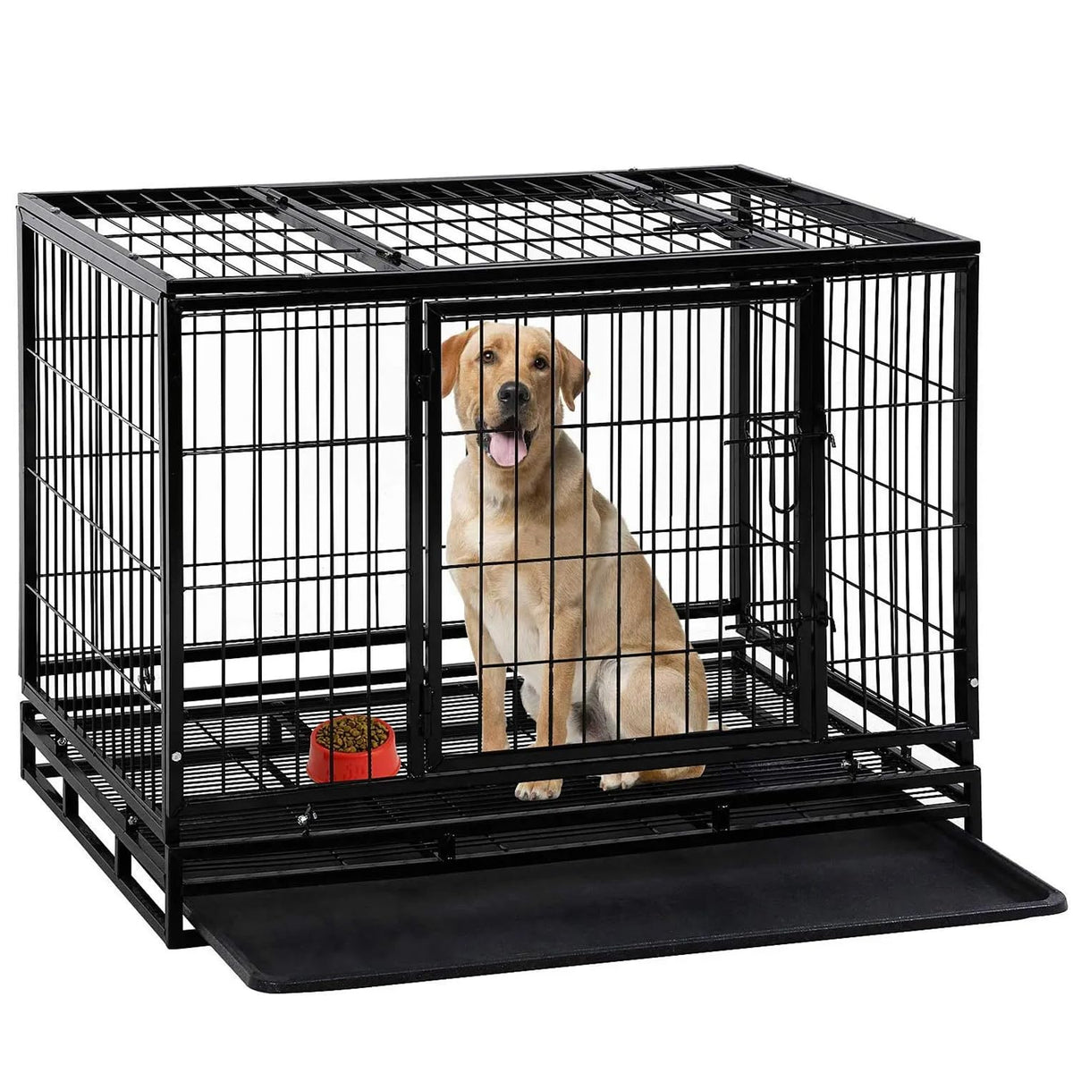 Extra Large Double-Door Heavy Duty Metal Dog Crate (Black, 48 inch) K2906