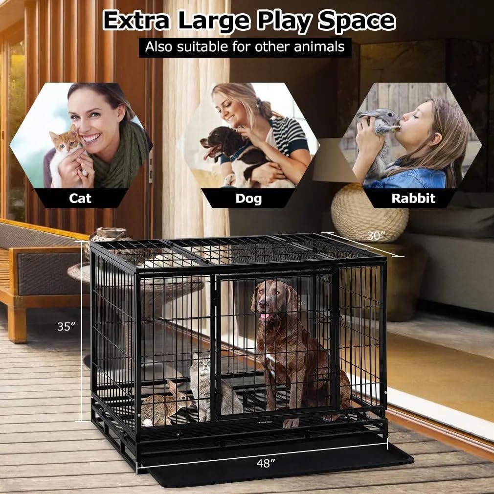 Extra Large Double-Door Heavy Duty Metal Dog Crate (Black, 48 inch) K2906