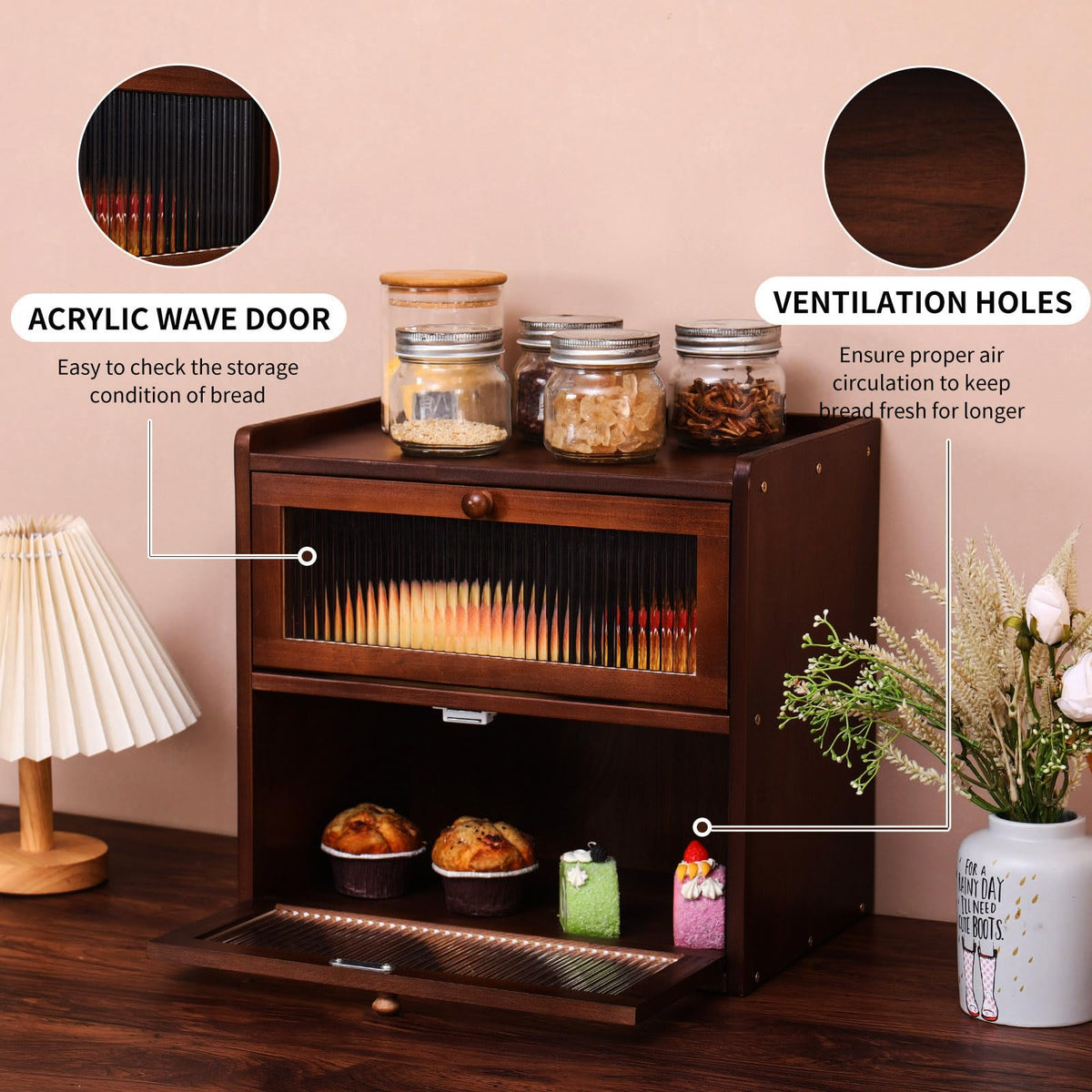 Double 2 Layer Wooden Bread Box with Acrylic Window R510542