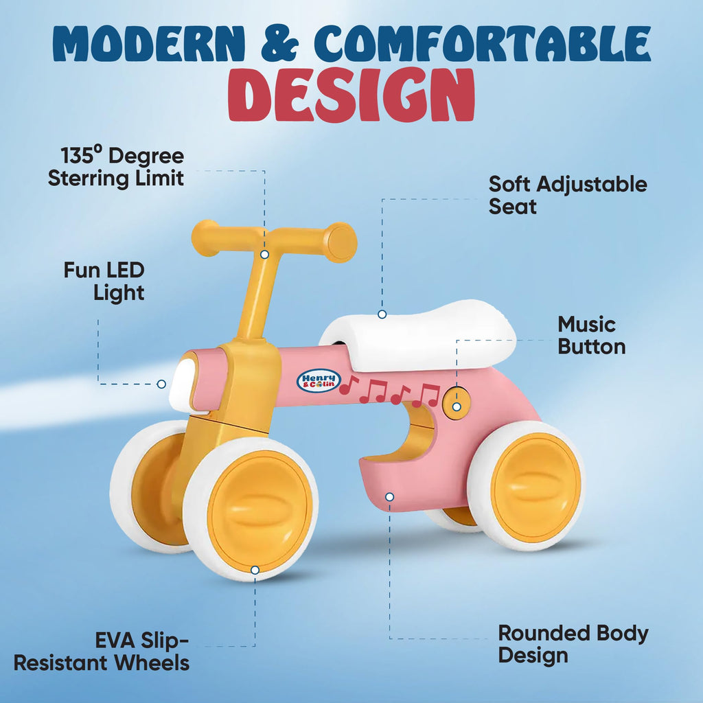 4 Wheel Toddler Balance Bike with Lights Music Soft Seat Pink A192312
