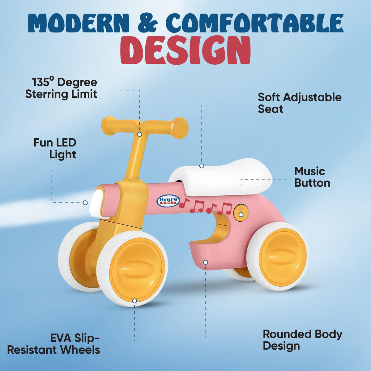 4 Wheel Toddler Balance Bike with Lights Music Soft Seat Pink A192312