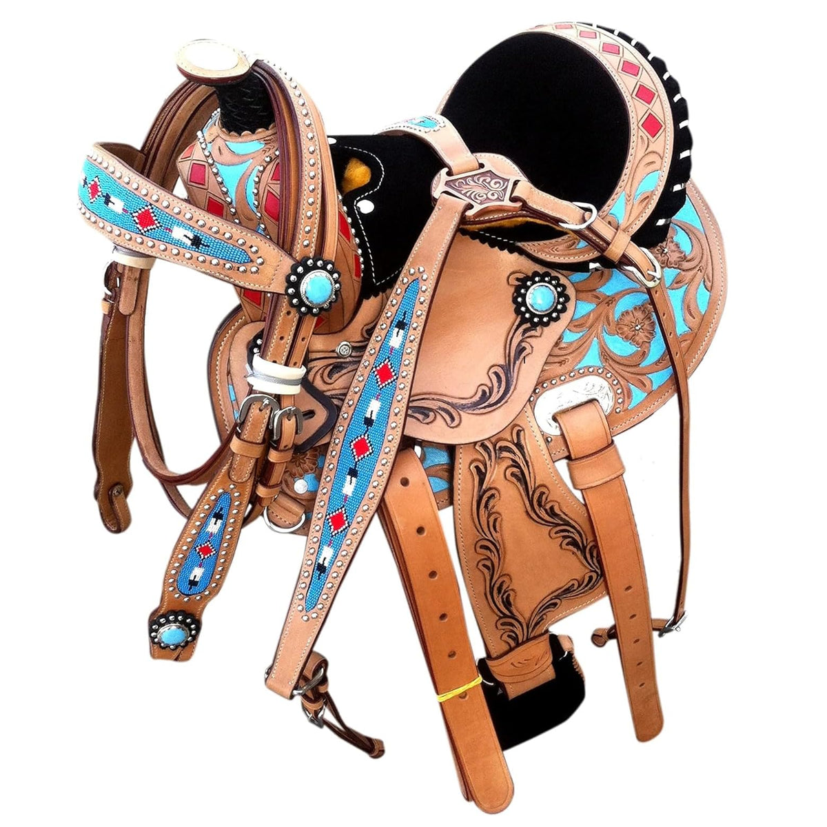 Turquoise Miniature Horse Saddle Set 8" with Headstall Breast Collar Reins P256