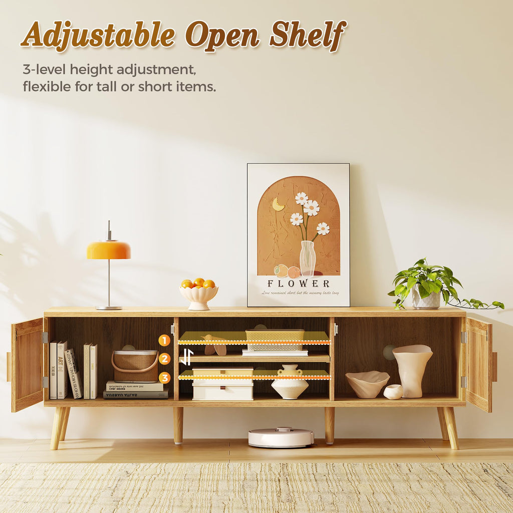 65 Inch Rattan TV Stand with Adjustable Shelf and 2 Cabinets X5871