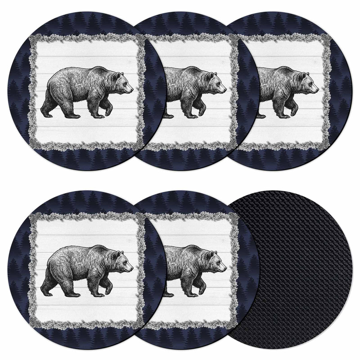 Black White Bear Round Absorbent Coasters Set of 6 U214993