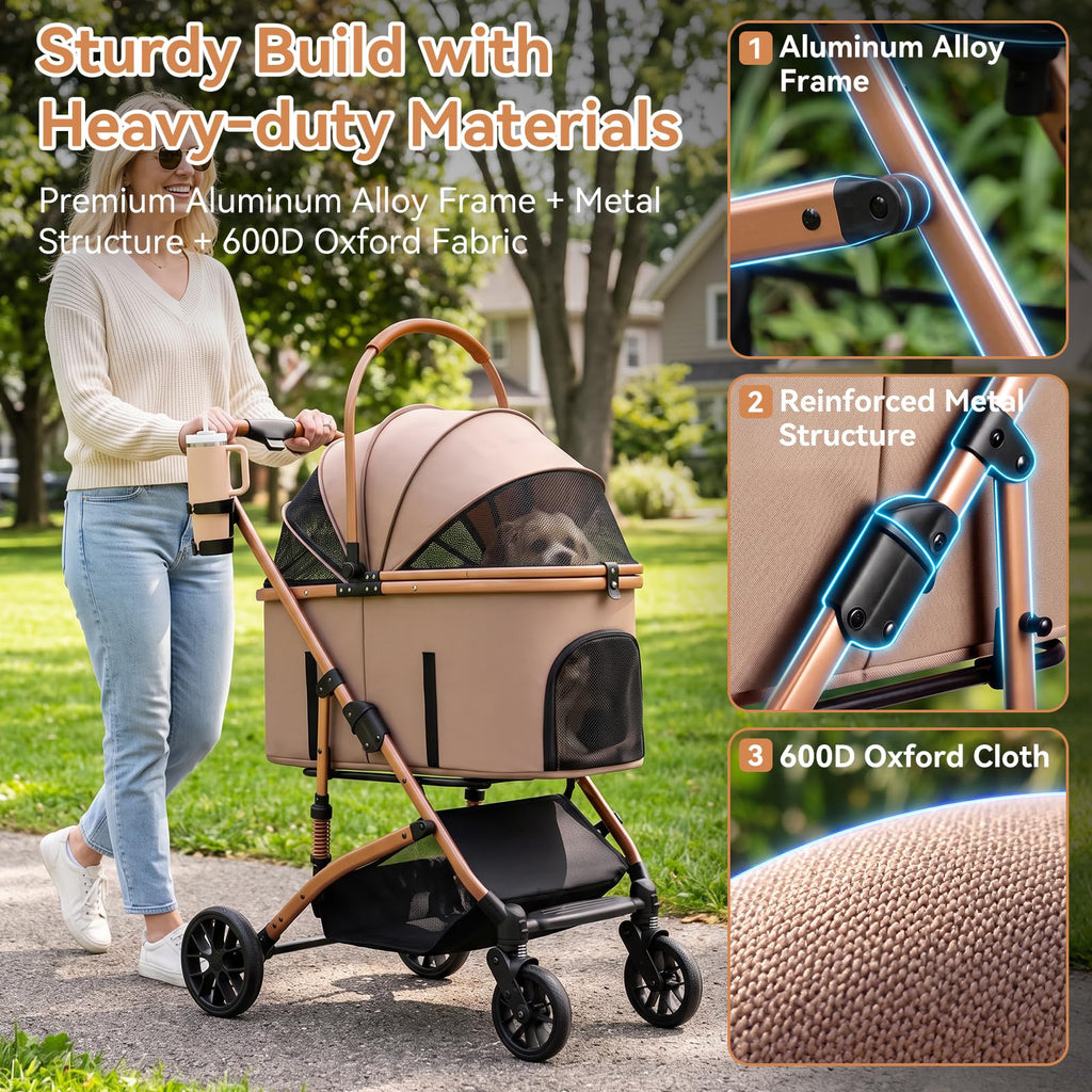 Khaki 3-in-1 Pet Stroller with Detachable Carrier A6836
