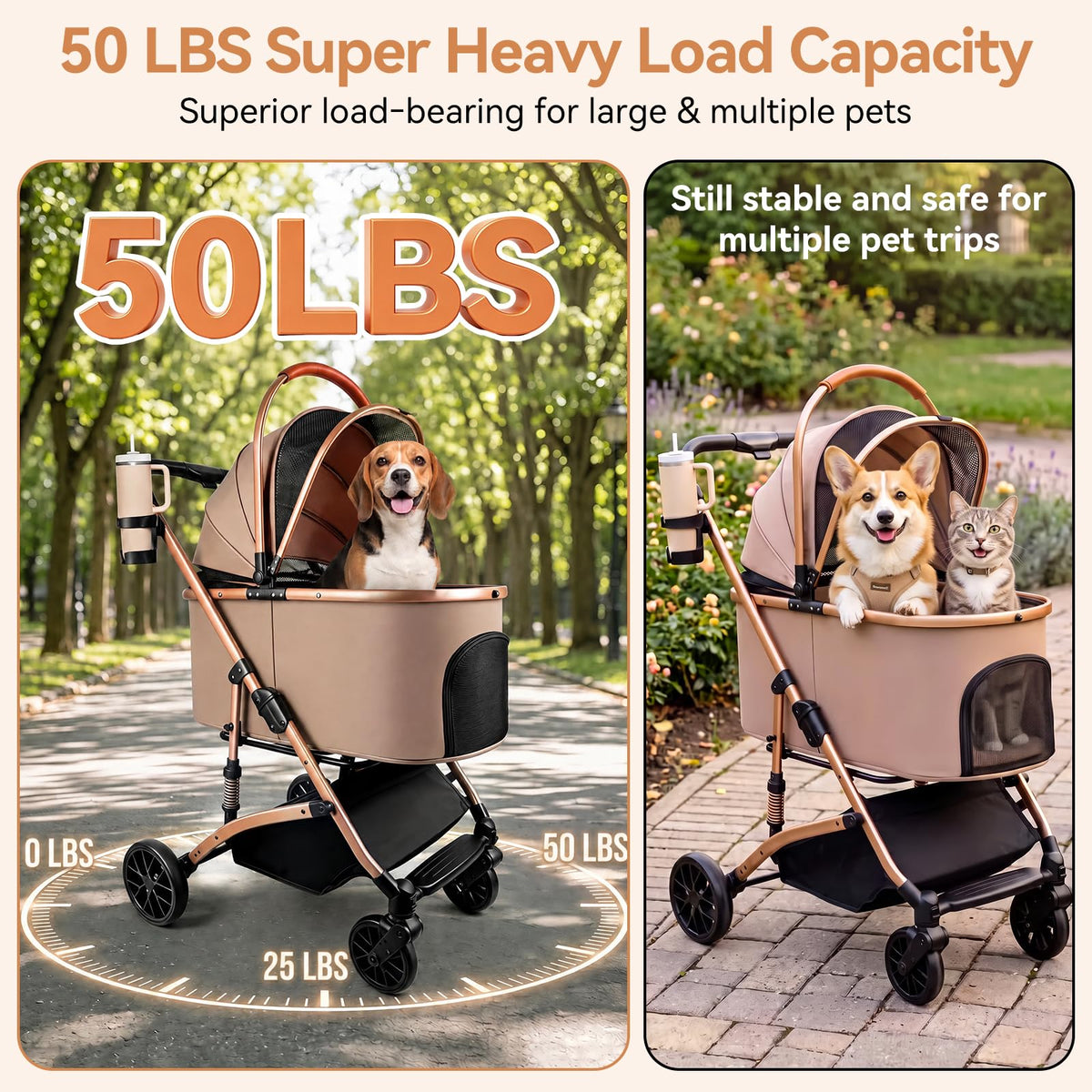 Khaki 3-in-1 Pet Stroller with Detachable Carrier A6836