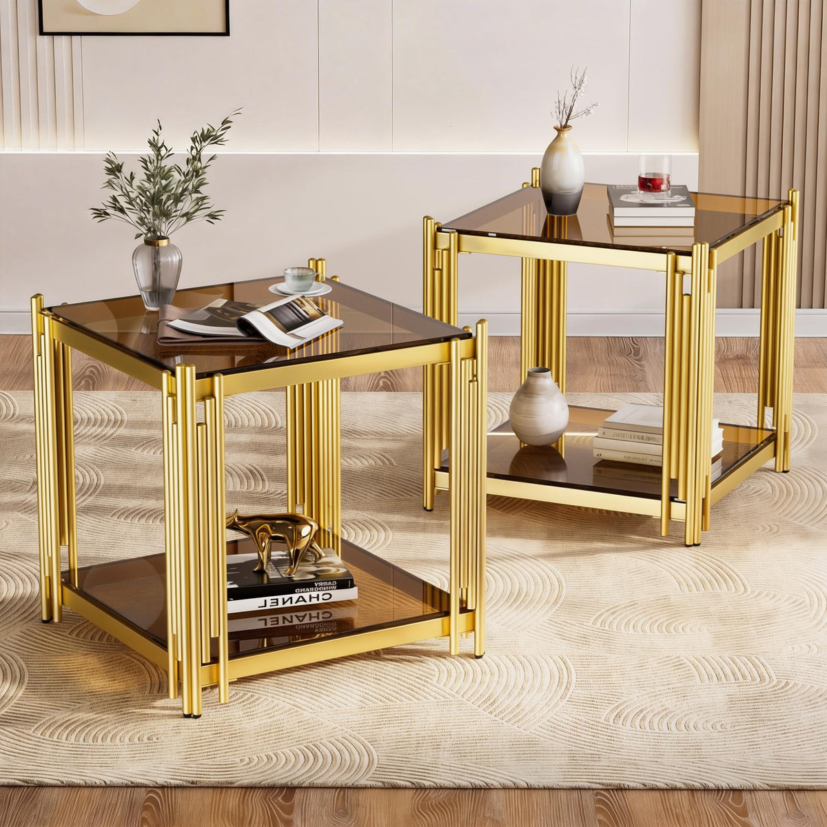 Gold Square Glass End Table, Set of 2 Q35599