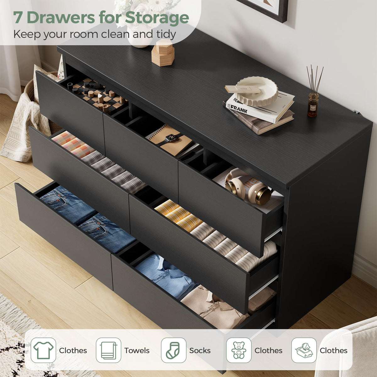 Black 7 Drawer Wood Dresser X2229