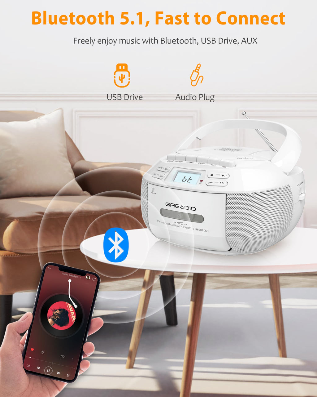 CD Player Boombox Cassette Player Combo with Bluetooth, AM/FM Radio G61587