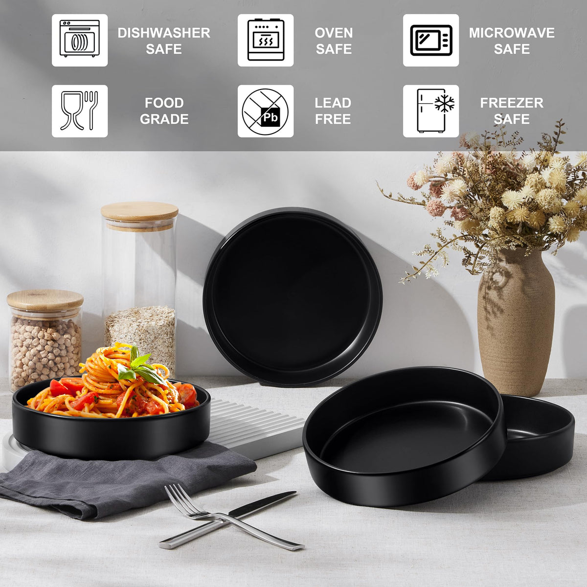 Black Ceramic Pasta Bowls Set of 4 Q75912