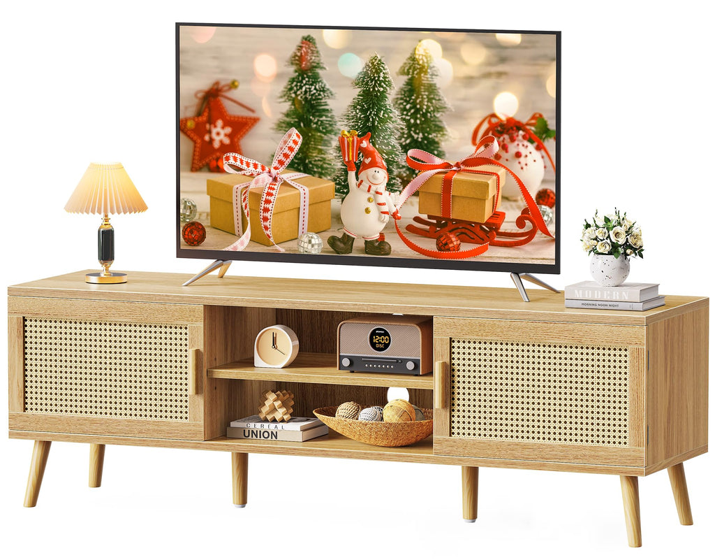 65 Inch Rattan TV Stand with Adjustable Shelf and 2 Cabinets X5871