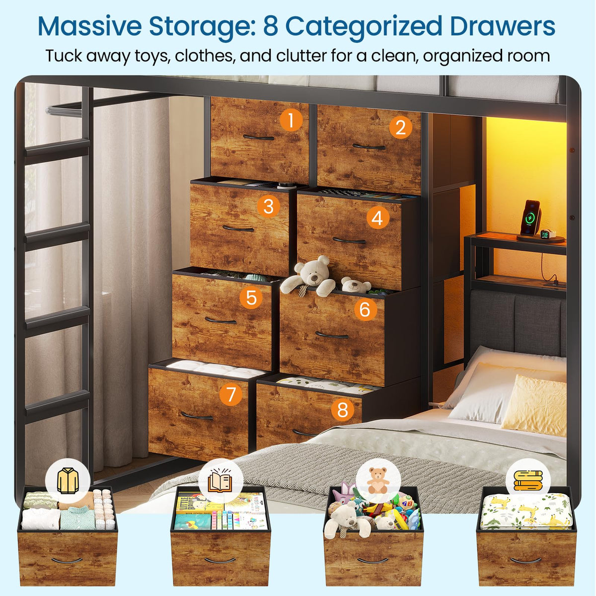 Twin Over Twin Bunk Bed with 8 Drawers and Storage Headboard Q44974