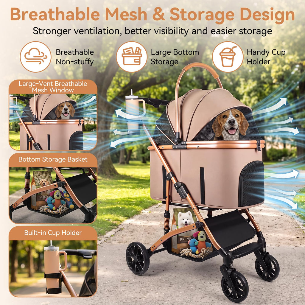 Khaki 3-in-1 Pet Stroller with Detachable Carrier A6836