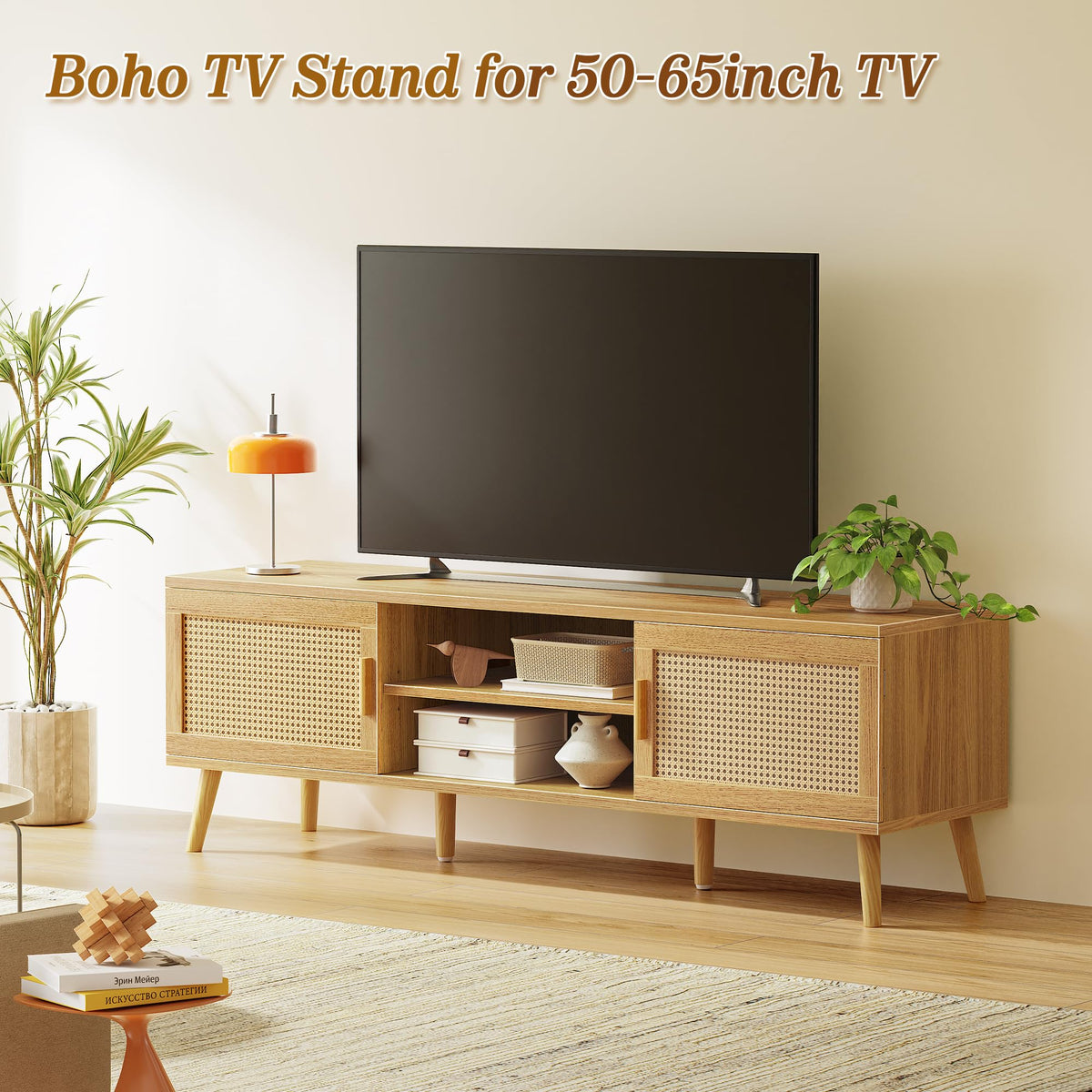 65 Inch Rattan TV Stand with Adjustable Shelf and 2 Cabinets X5871