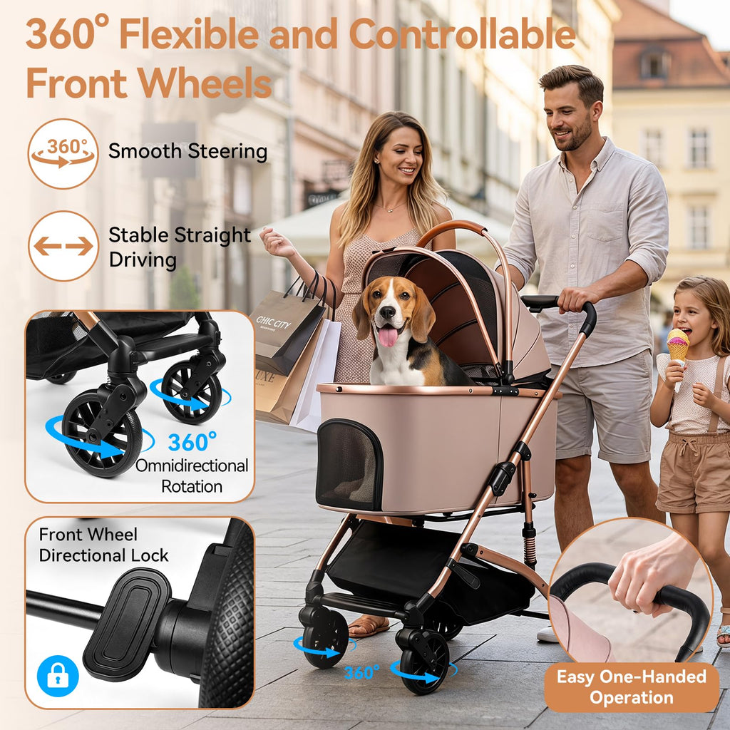 Khaki 3-in-1 Pet Stroller with Detachable Carrier A6836