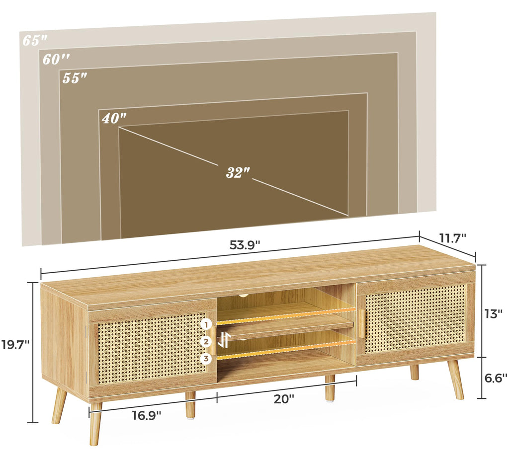 65 Inch Rattan TV Stand with Adjustable Shelf and 2 Cabinets X5871