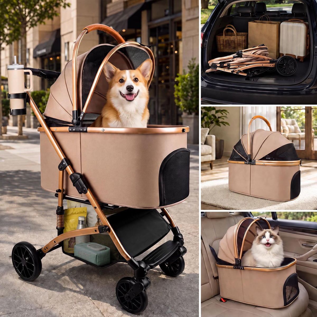 Khaki 3-in-1 Pet Stroller with Detachable Carrier A6836