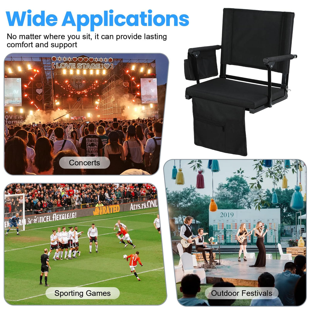 2 Pcs Folding Stadium Seat with Back Support & Cushion Black N964
