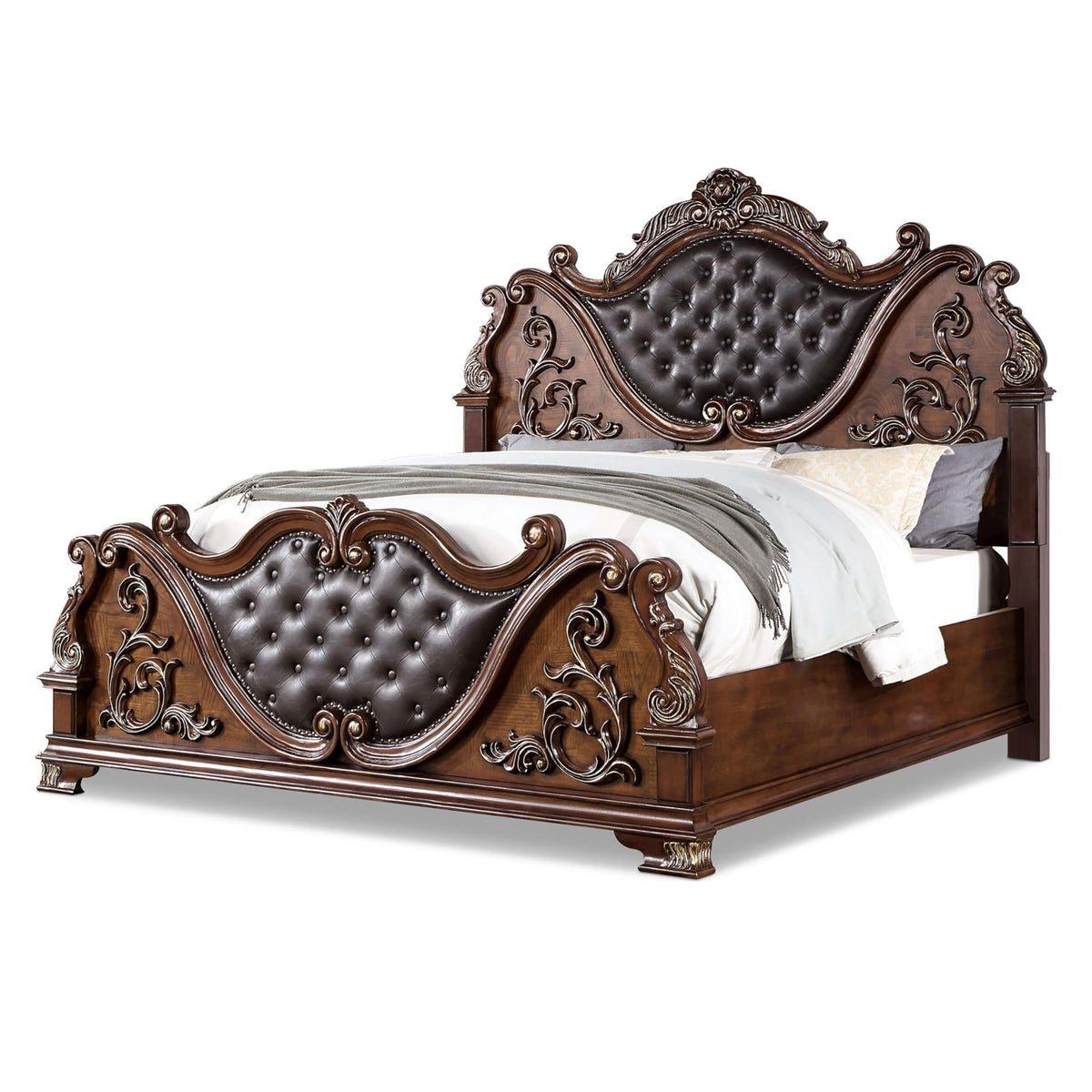 Brown Cherry California King-Size Wood Bed with Button-Tufted Headboard C13257