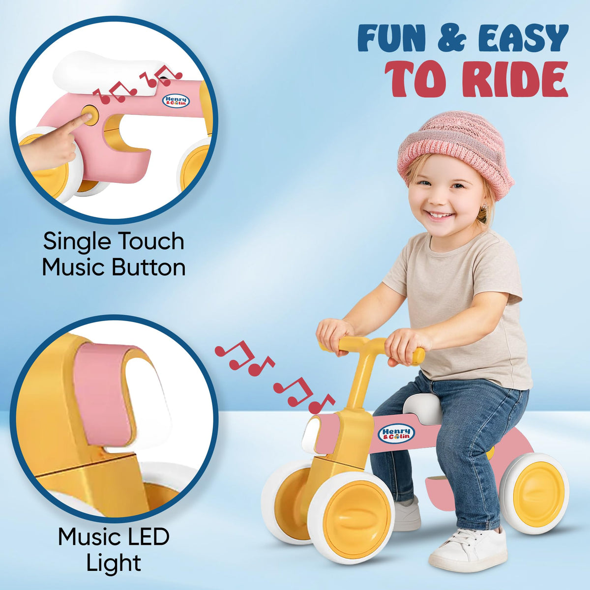 4 Wheel Toddler Balance Bike with Lights Music Soft Seat Pink A192312