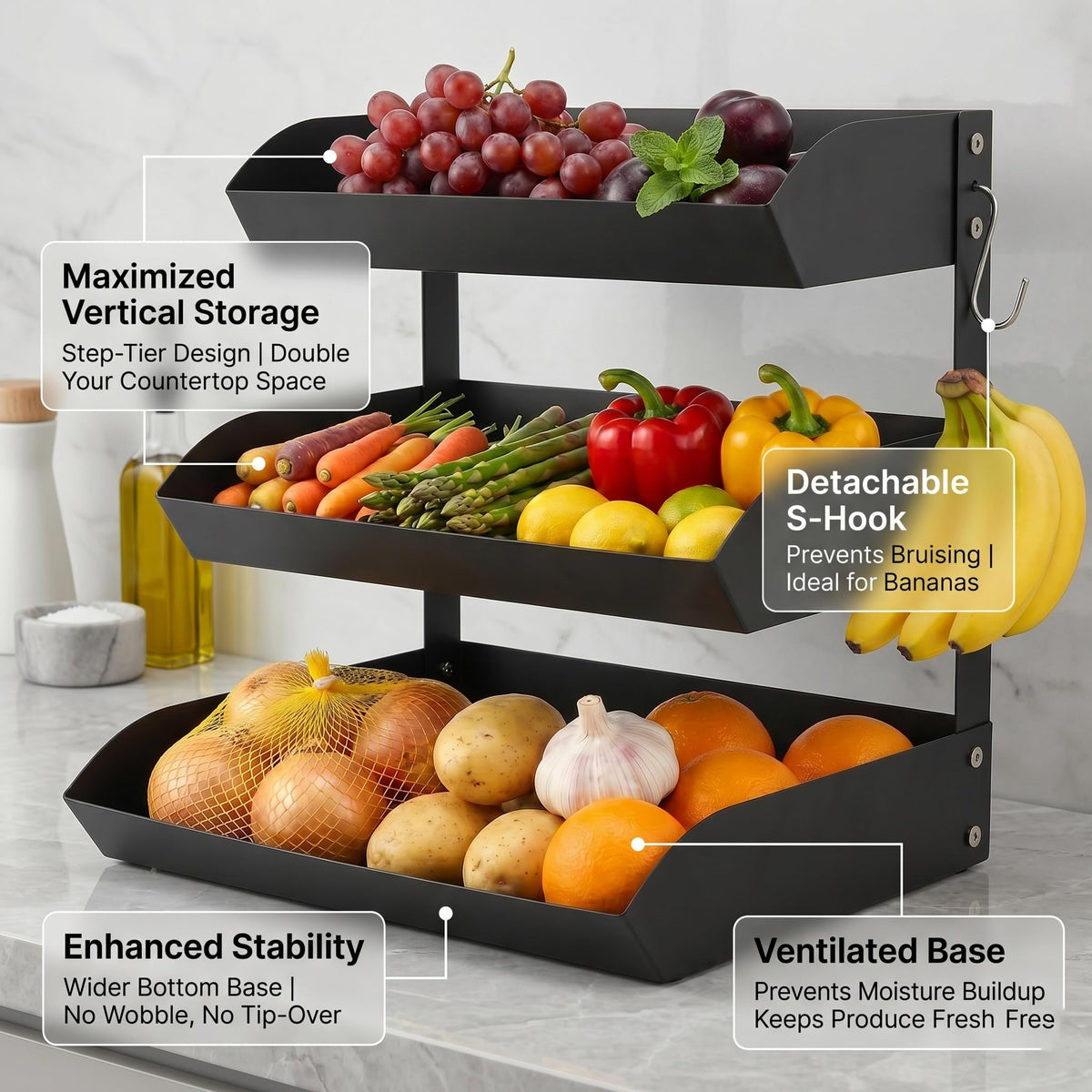 3-Tier Metal Fruit Basket with Banana Holder N395629