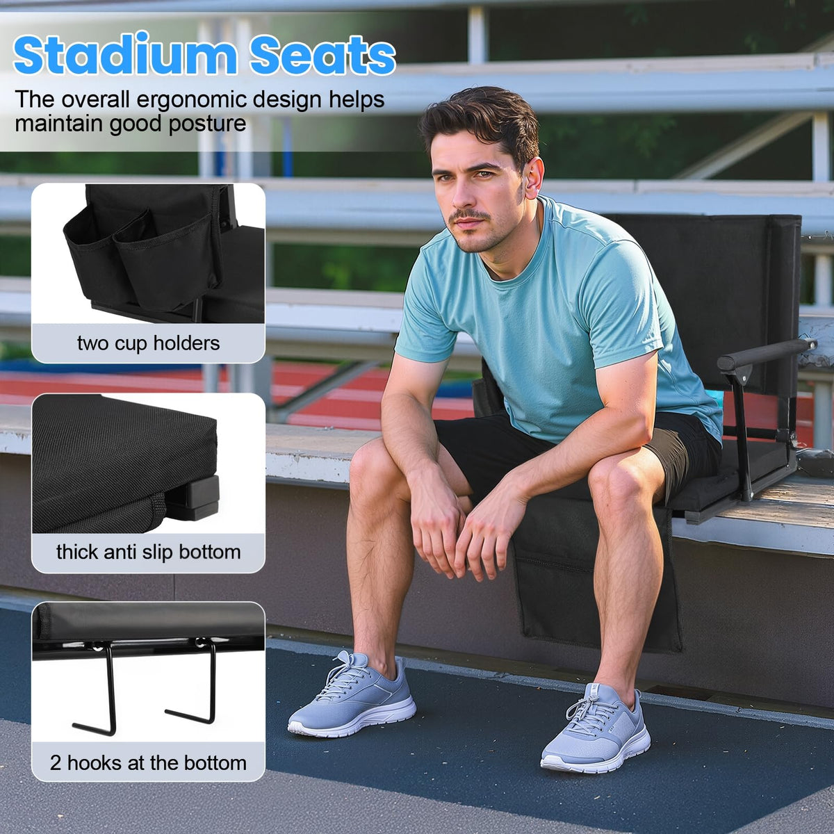 2 Pcs Folding Stadium Seat with Back Support & Cushion Black N964