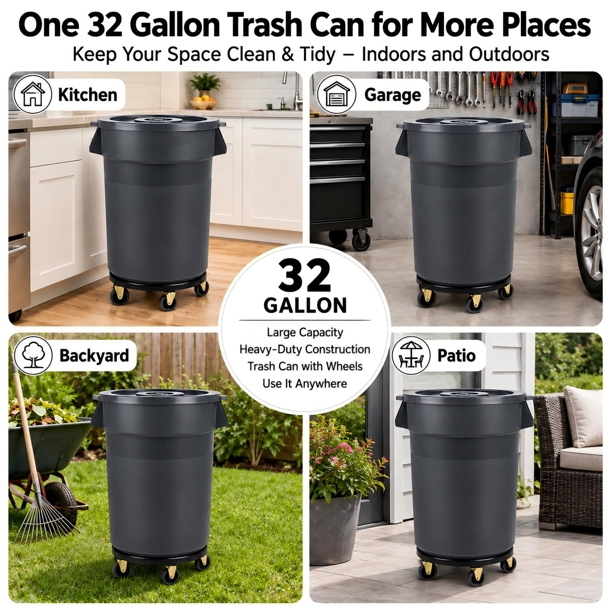 32 Gallon Trash Can with Wheels and Lid, 2 Pack S265680