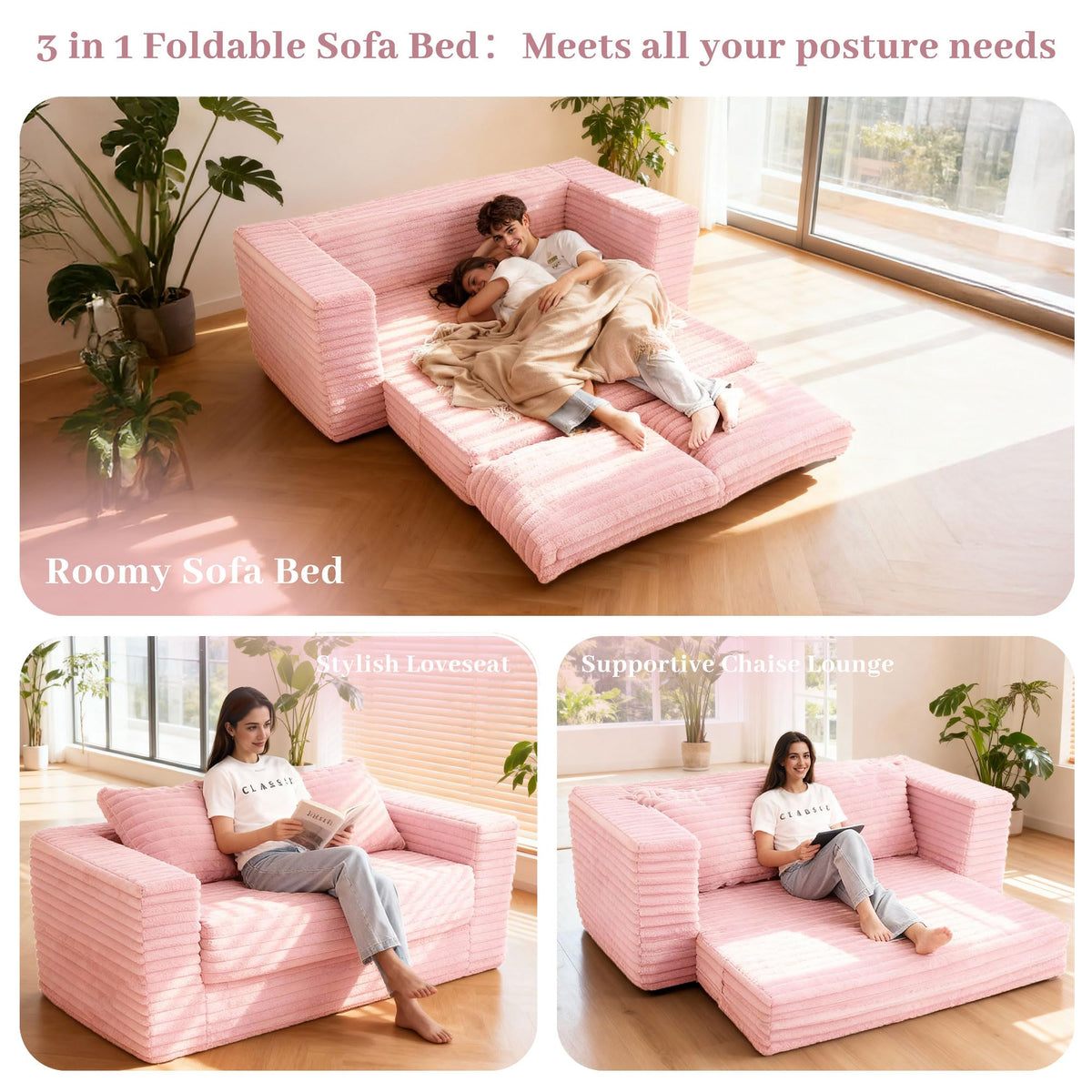 62" Pink Convertible Folding Sofa Bed X678763