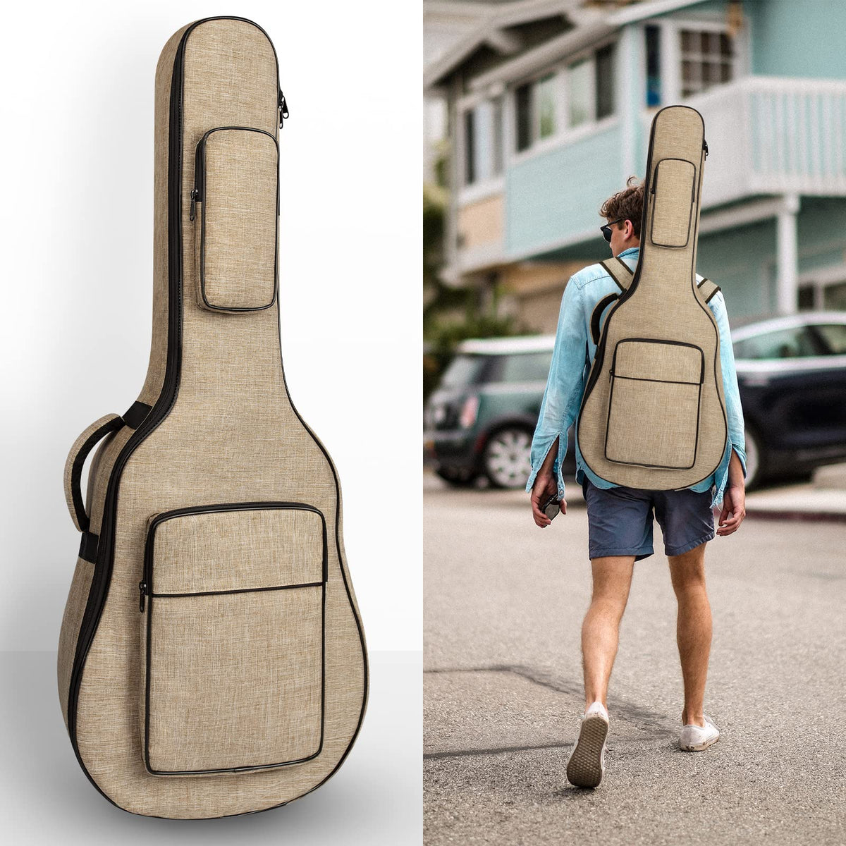 Khaki Acoustic Guitar Bag with Waterproof Padding and Shoulder Strap A7376