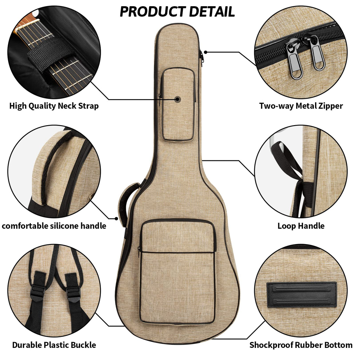 Khaki Acoustic Guitar Bag with Waterproof Padding and Shoulder Strap A7376