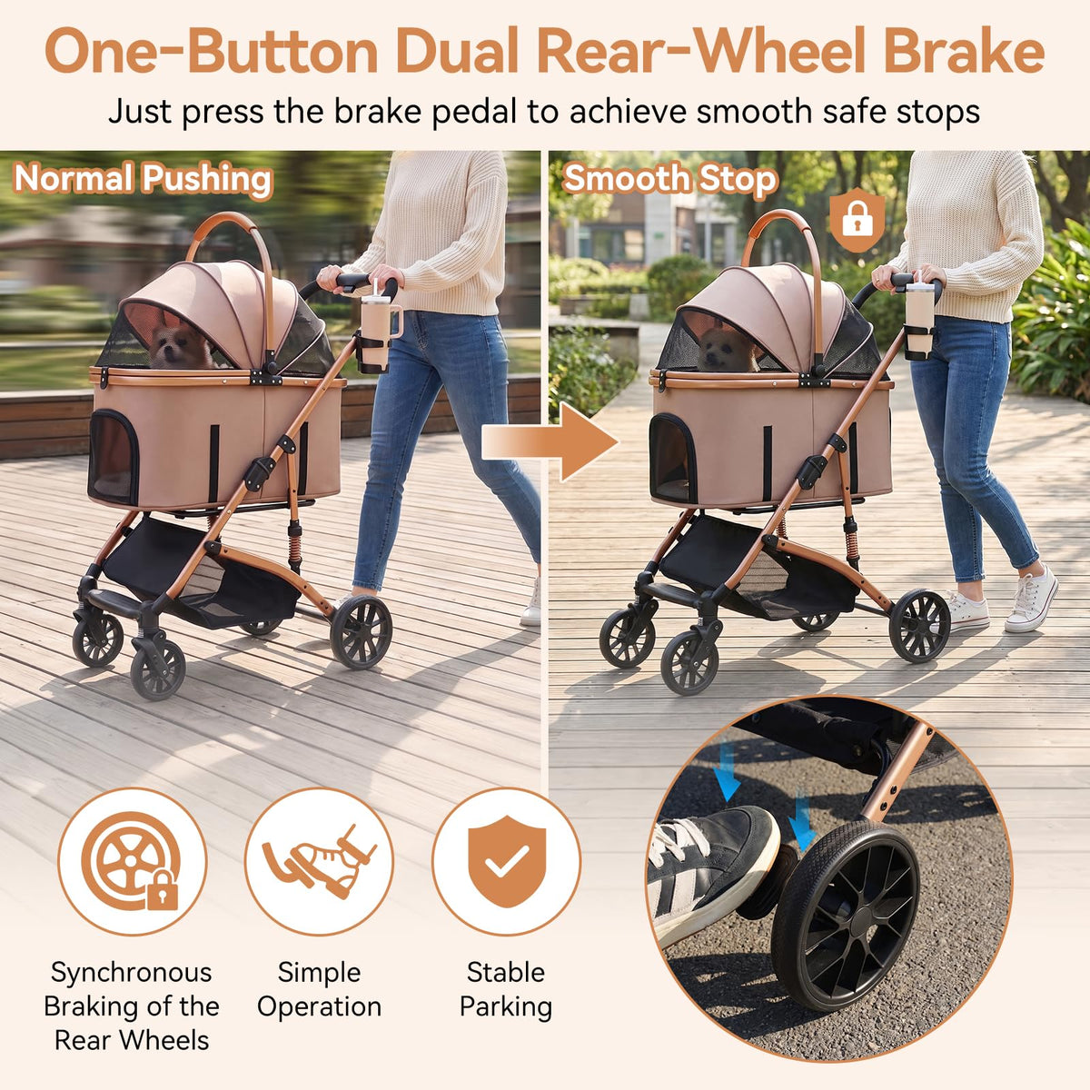 Khaki 3-in-1 Pet Stroller with Detachable Carrier A6836