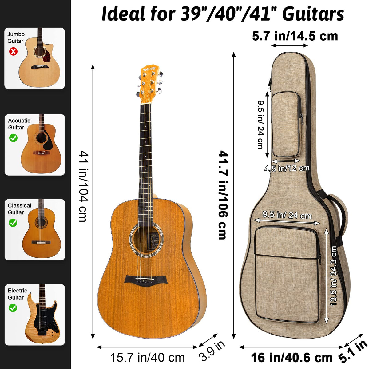 Khaki Acoustic Guitar Bag with Waterproof Padding and Shoulder Strap A7376
